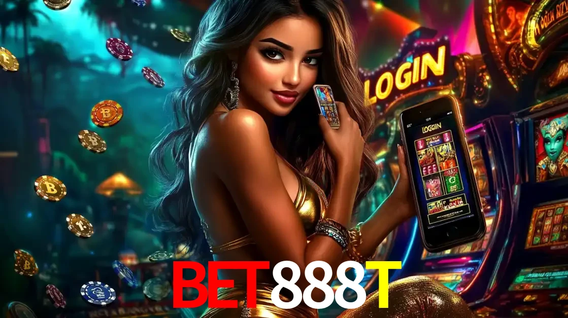 Mulher em um cenário de cassino temático de aventura, mostrando o app de caça-níqueis da BET888T no celular. Fichas de apostas flutuam ao redor.